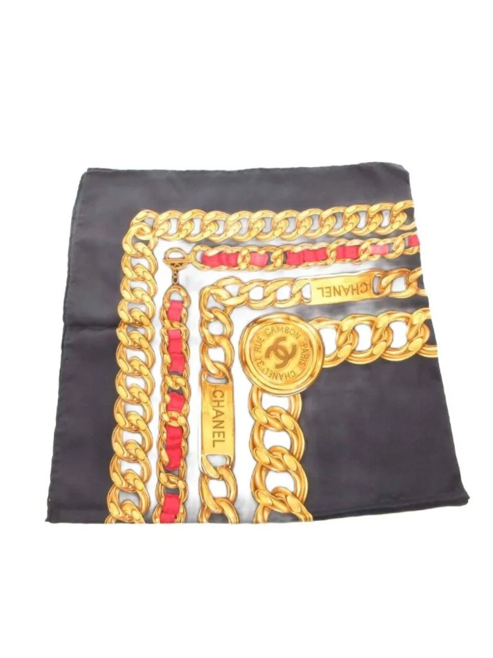 Chanel Scarf CC Logo Chain Print Silk Black